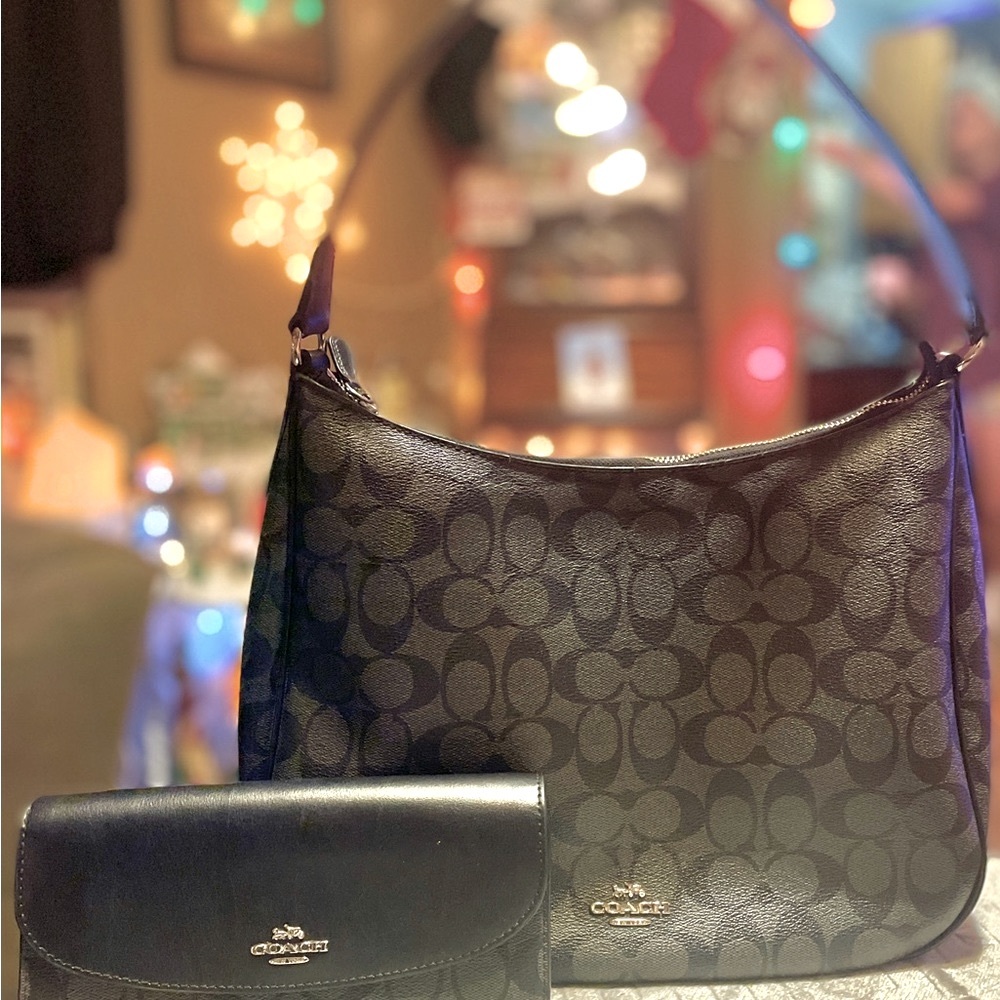 9 inch black Coach purse with wallet